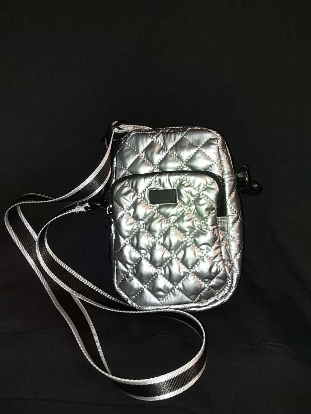 Metallic Quilted Silver Crossbody Bag with Striped Adjustable Strap